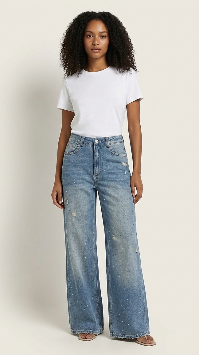 pantalon wide leg strass