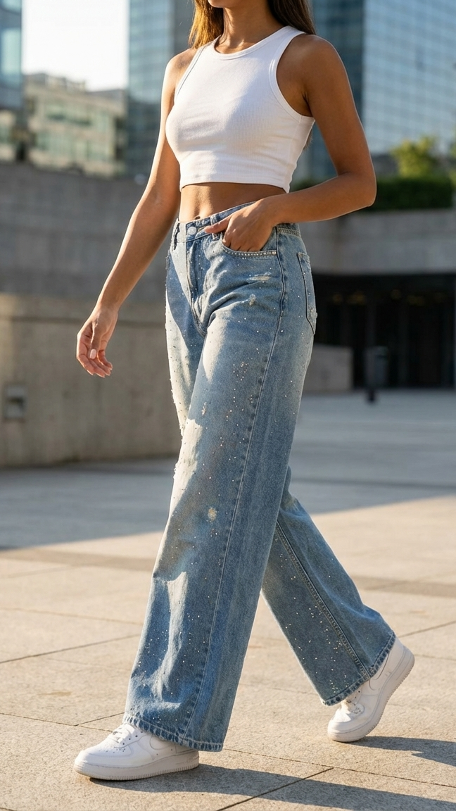 pantalon wide leg strass